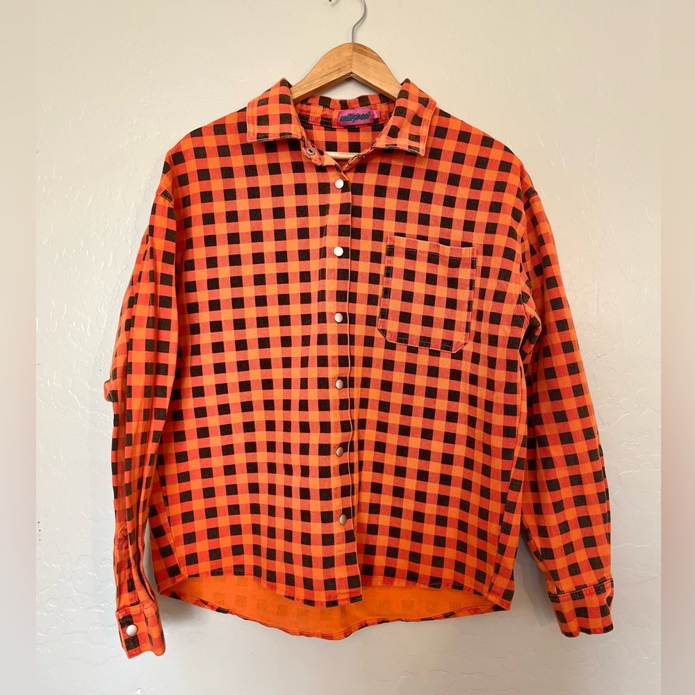 Edikted Thick Flannel Orange & Black 100% Cotton Oversized Size S/XS buttons